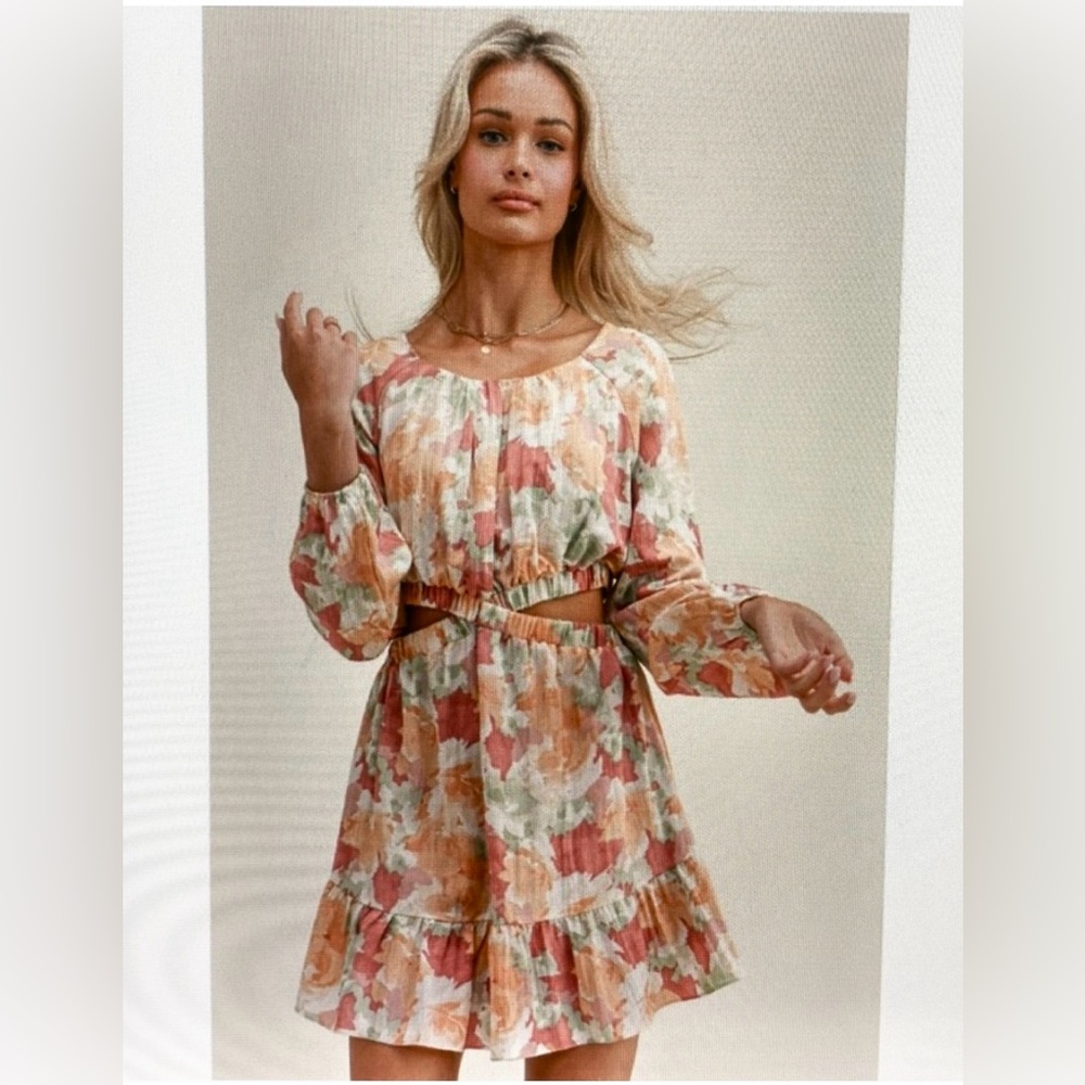 Sage The Label Amalfi Coast Cutout Floral Long Sleeved Mini Dress Size Small